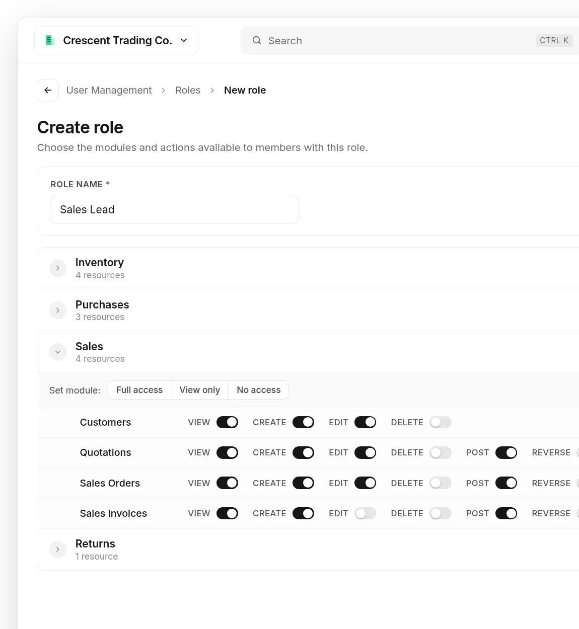 AIM User Management, creating a “Sales Lead” role: the Sales module is expanded and Customers, Quotations, Sales Orders and Sales Invoices each have View, Create, Edit, Delete, Post, Reverse, Print, Email and Share switches.